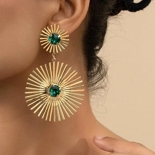 Green Stone Big Metal Dangle Earring Post for Women Gold Color Vintage Geometric Statement Drop Earrings New Style